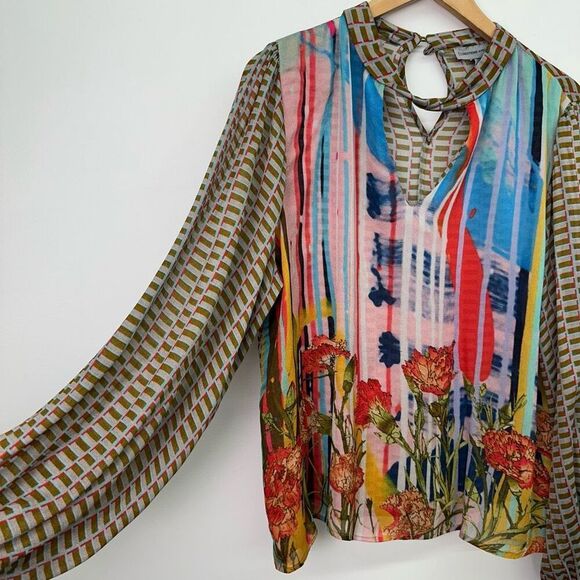 Anthropologie Conditions Apply Women’s Multi Viscose Neck Tie Semi Sheer Blouse - Picture 8 of 15